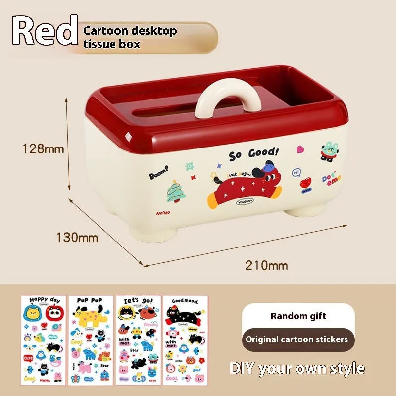Cartoon-style red and brown plastic desktop storage organiser with 2L capacity and organisation stickers.