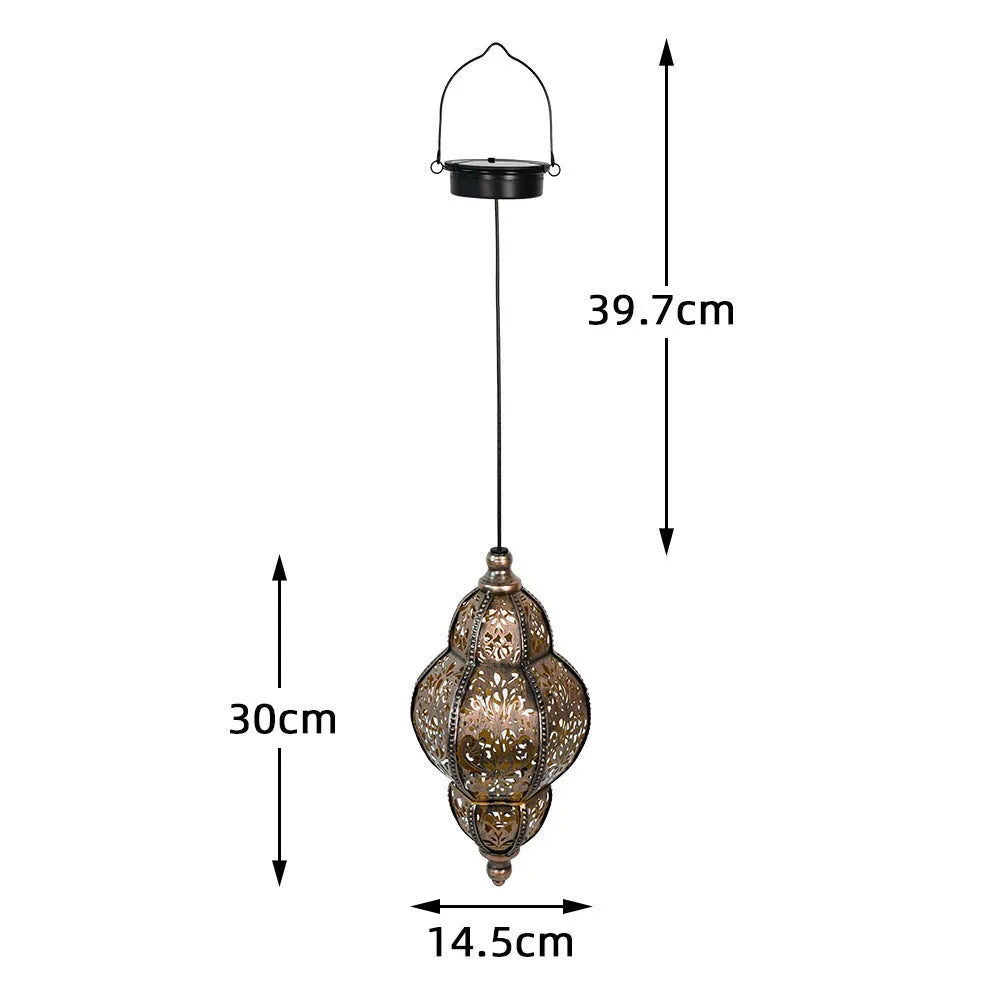 Solar iron hollow lantern chandelier hanging in outdoor courtyard with IP44 waterproof protection