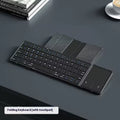 Black folding Bluetooth keyboard with touchpad option showing compact folded size