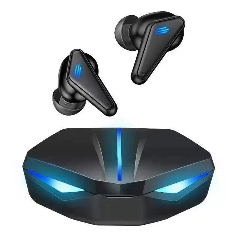 X15 black wireless in-ear Bluetooth gaming headset with charging case.