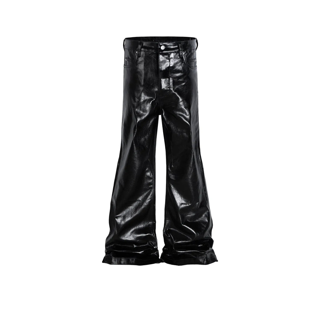 Black straight-leg jeans with patent leather coating on cotton denim fabric