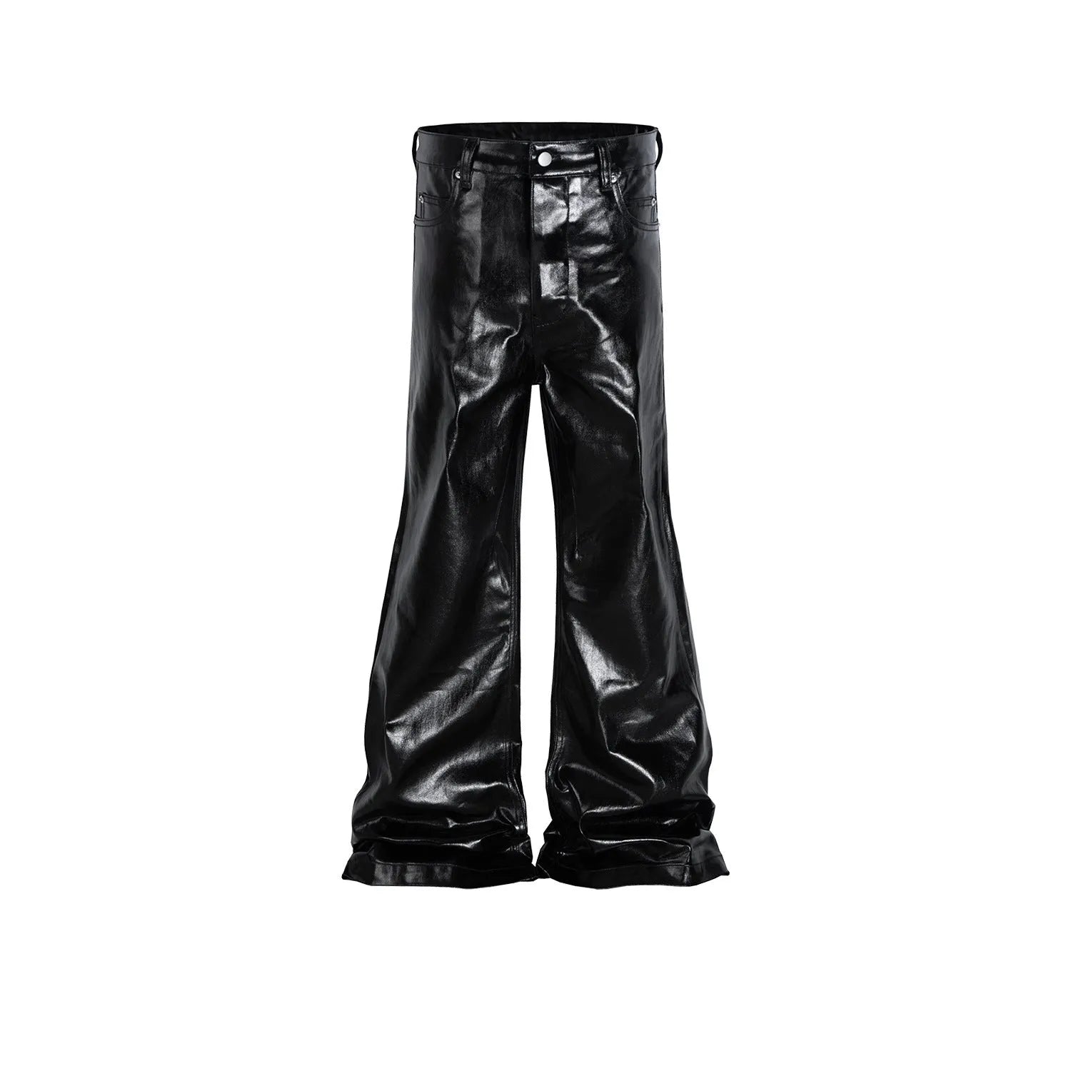 Black straight-leg jeans with patent leather coating on cotton denim fabric