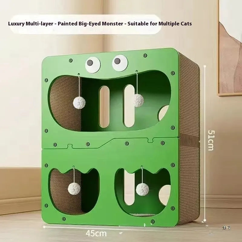 Double layer cat scratching board with integrated nest in owl and cat head design styles