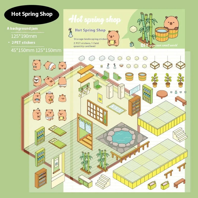 Capabala pre-cut PET cartoon sticker sheet in themes like pink restaurant and green bookstore.