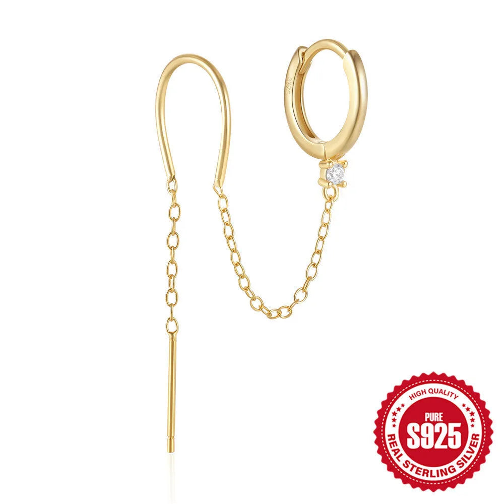 S925 sterling silver stud earrings with a floral motif and dangling gold-coloured tassel chain.