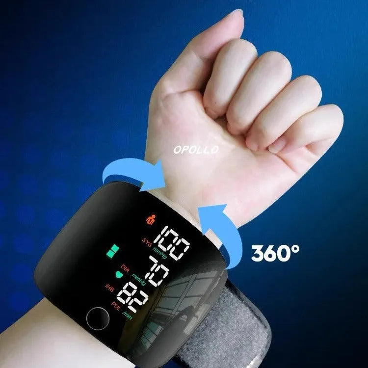 Black wrist blood pressure monitor with USB rechargeable port and multi-language voice function.
