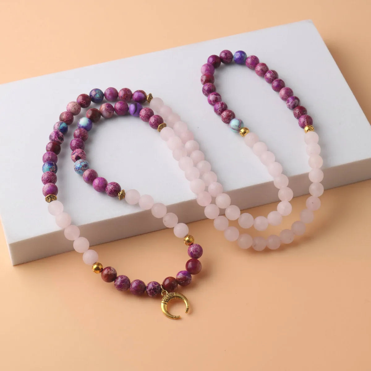 Pink crystal emperor stone round bead pendant necklace on 45cm chain