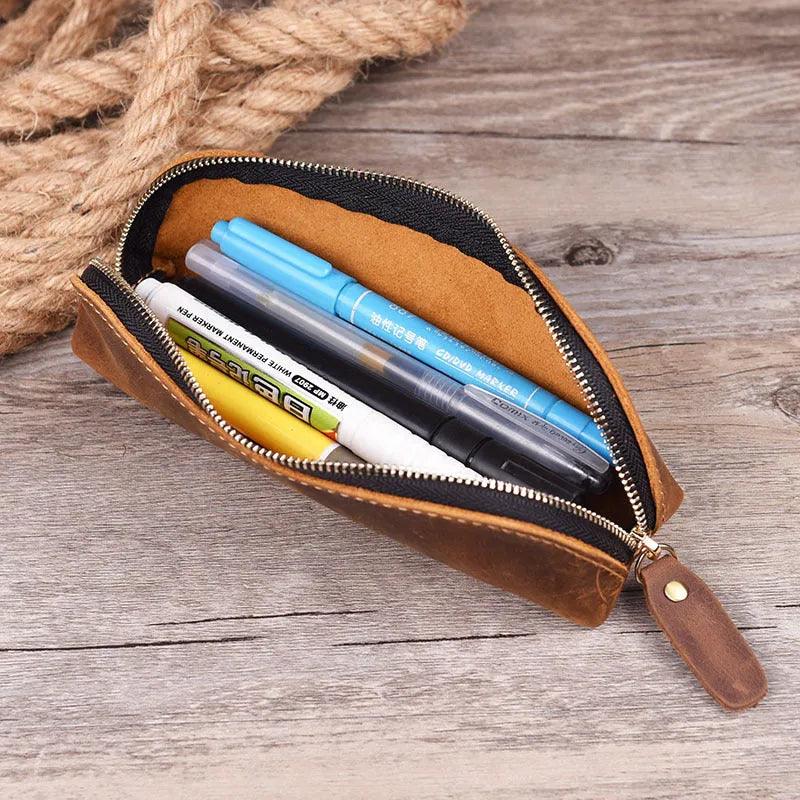 Handmade leather pencil case with zipper in black brown dark brown yellow colours
