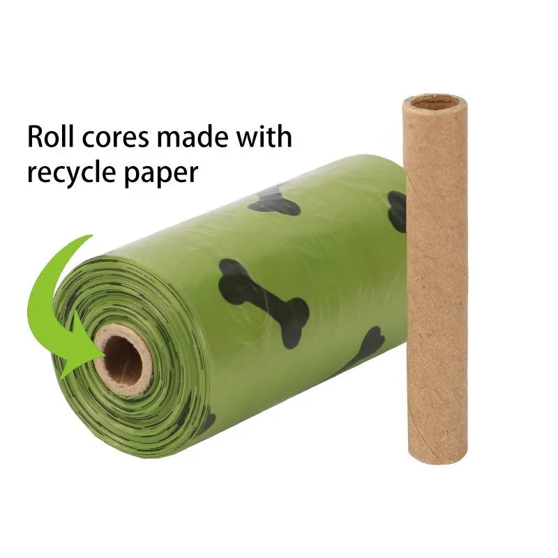 Military green degradable dog poop bags with black bone pattern measuring 23x33cm