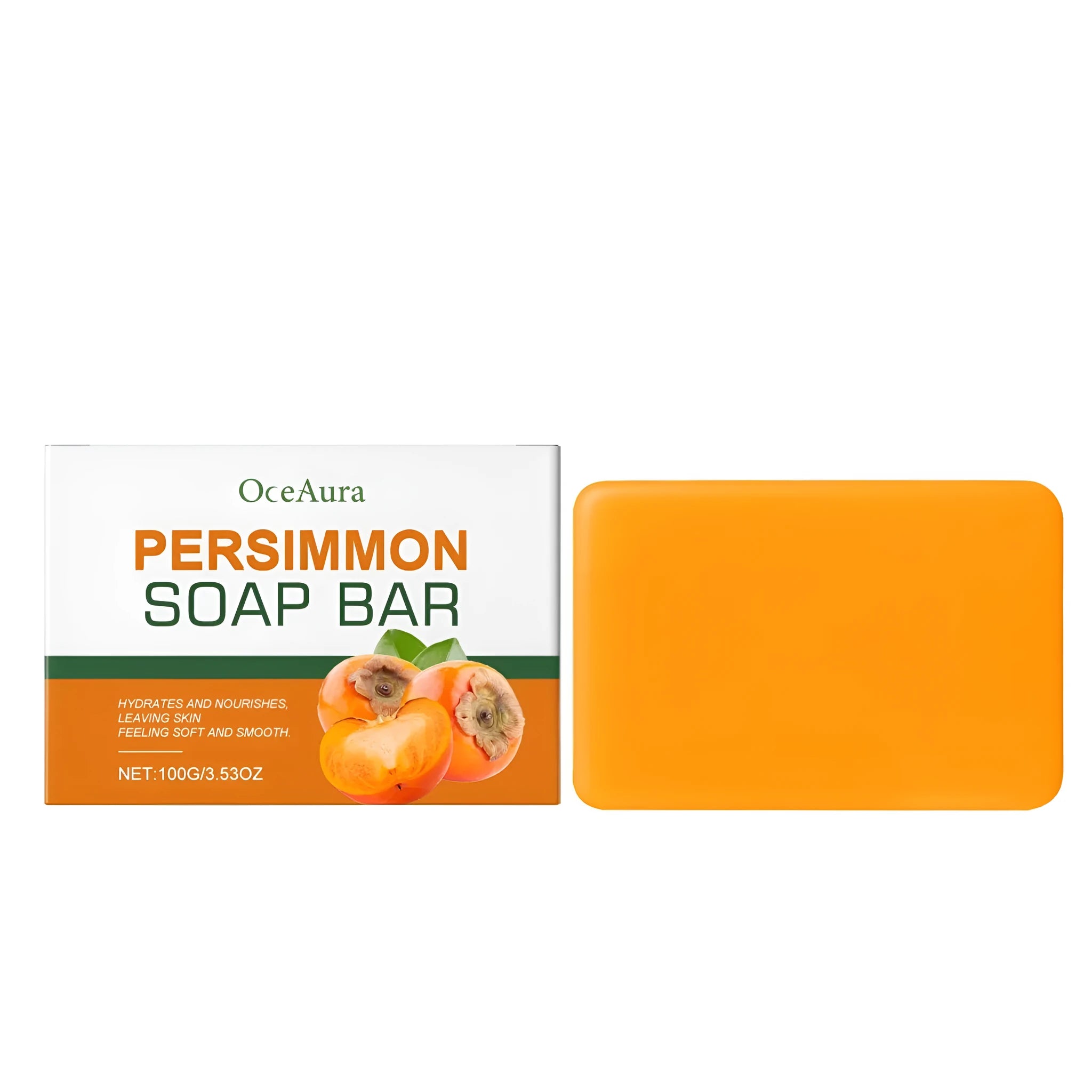 Persimmon skin soothing soap 100g bar with shea butter retinol hyaluronic acid on white background