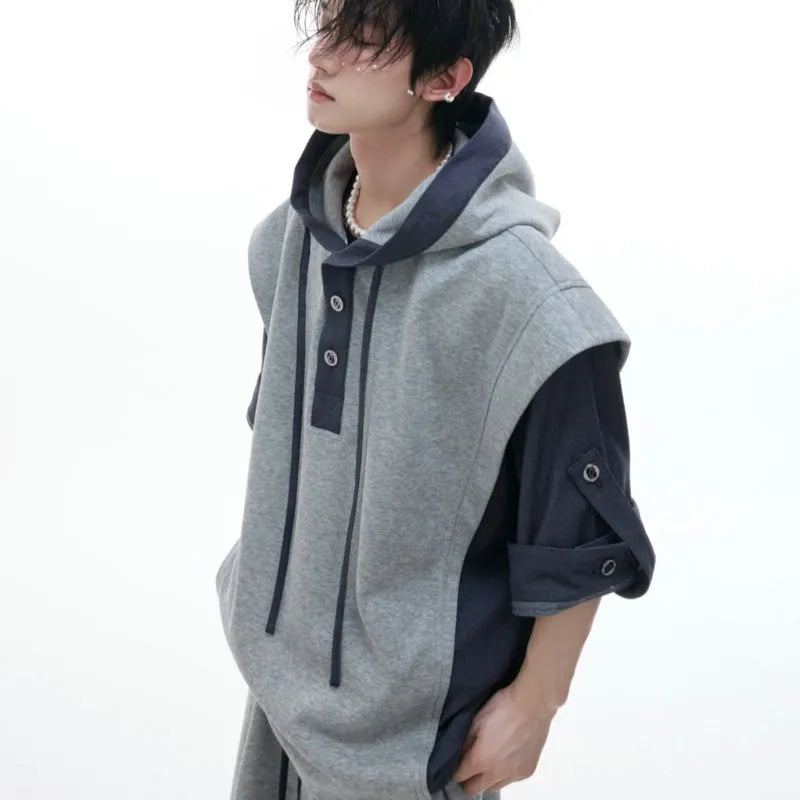 Men's black and grey polyester tracksuit with hooded jacket featuring three-dimensional stitching design