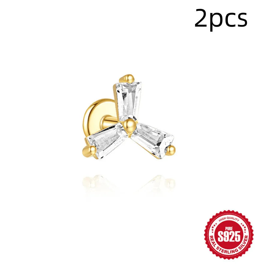 S925 sterling silver zircon geometric stud earrings with gold-plated finishes in clover, crown and chain designs