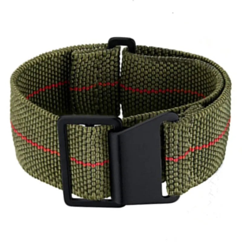 Nylon parachute watchband in green, blue, and black with silver buckle, 18mm 20mm 22mm widths