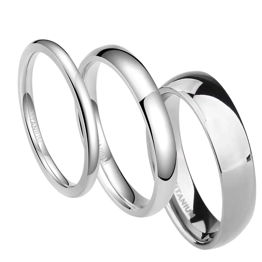 Simple silver titanium steel band ring shown in three width options: 2mm, 4mm, and 6mm.