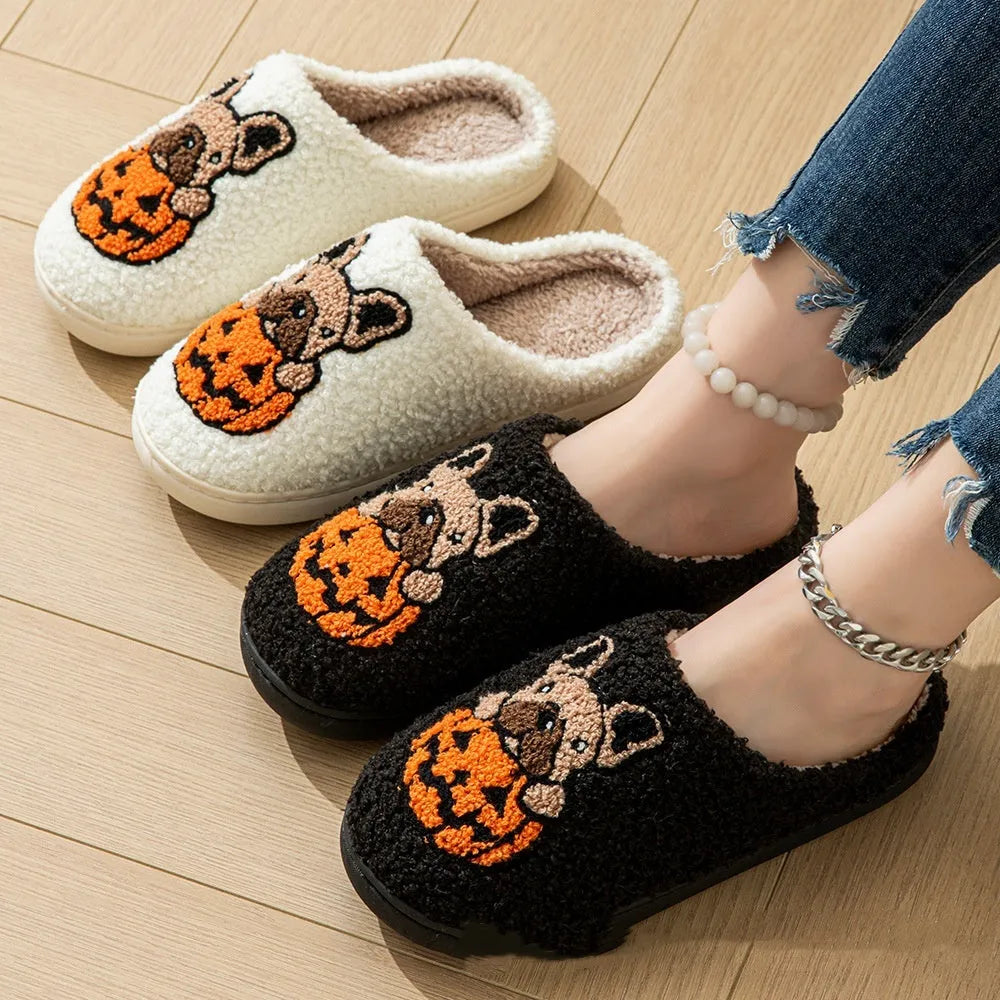 Halloween pumpkin house slippers in black with plush material and non-slip rubber soles