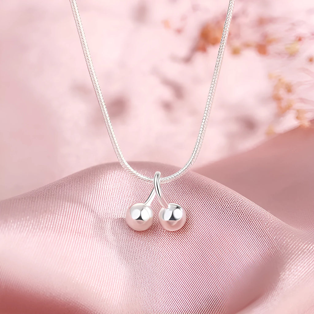 Adjustable silver cherry necklace with snake bone chain and fruit pendant