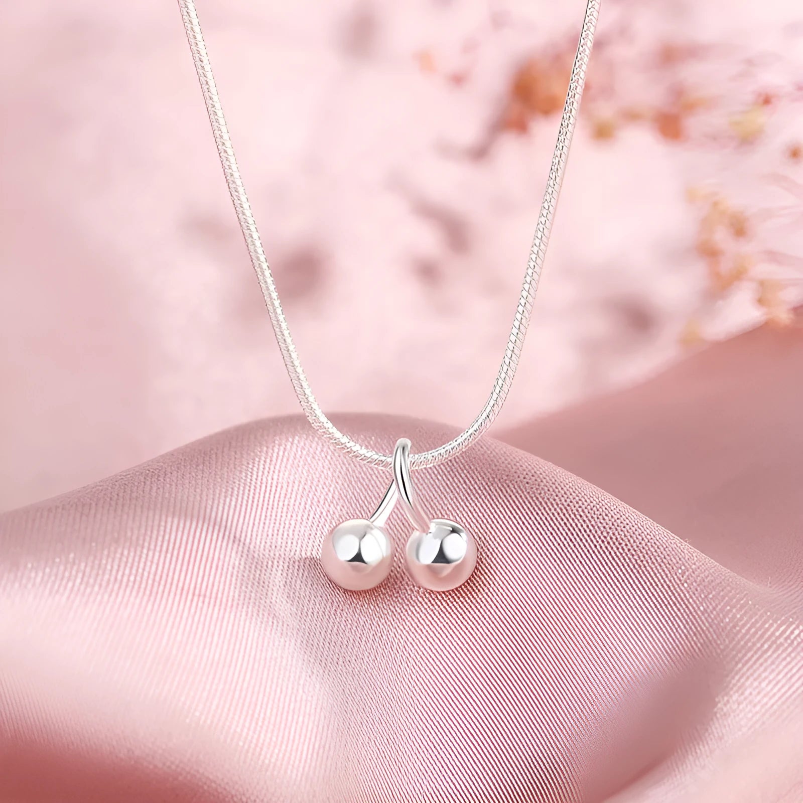 Adjustable silver cherry necklace with snake bone chain and fruit pendant