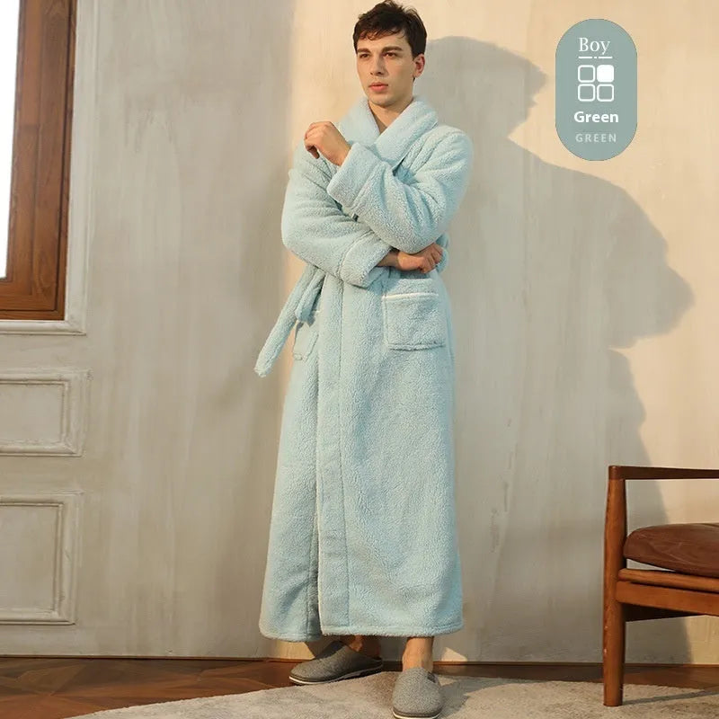 Men's and women's thick flannel bathrobe couple set in winter colours with extended plus sizing