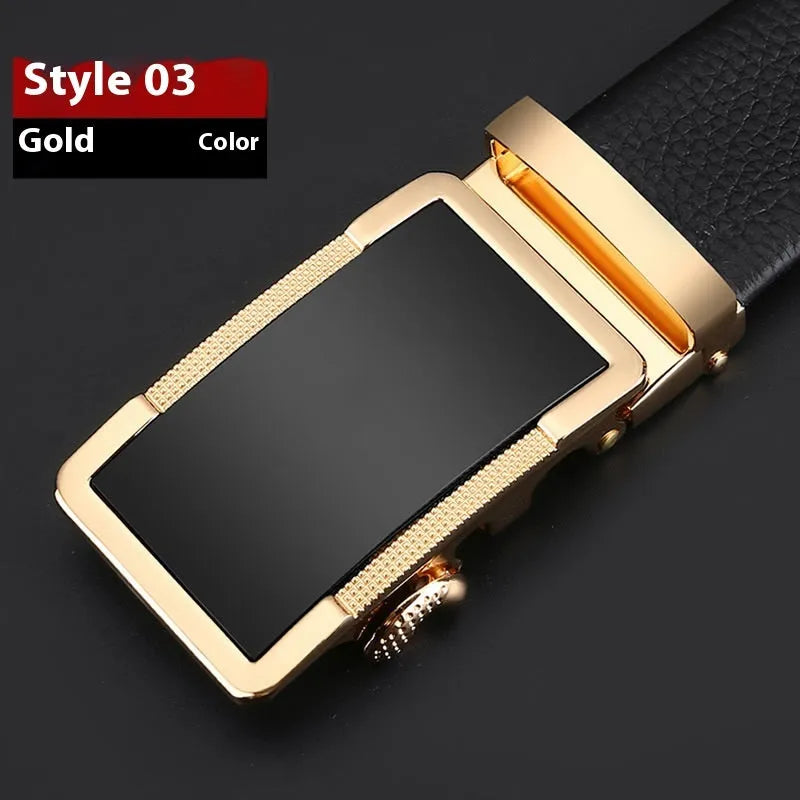 Men's leather belt with automatic alloy buckle in gold, gun black, or silver colour options