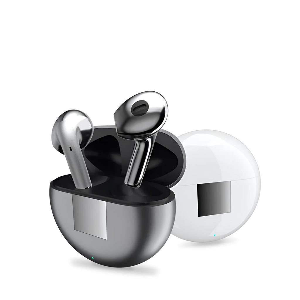 White Wireless Budz5 Bluetooth earbuds with semi-in-ear design and charging case on a grey background.