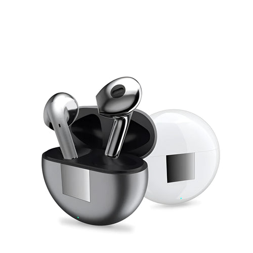 White Wireless Budz5 Bluetooth earbuds with semi-in-ear design and charging case on a grey background.