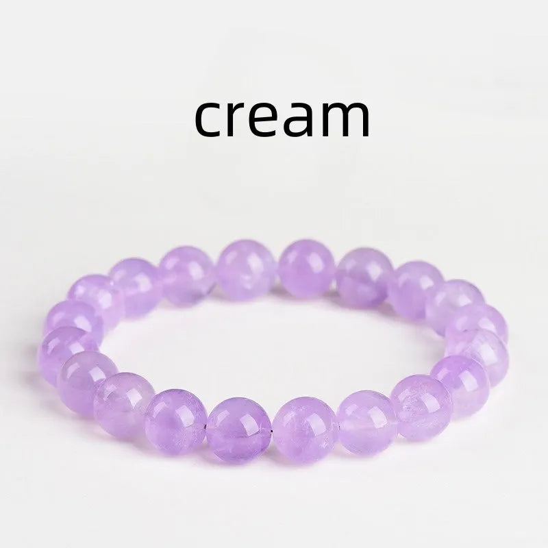 Lavender amethyst round bead bracelet with water ripple geometric pattern showing light purple crystal beads
