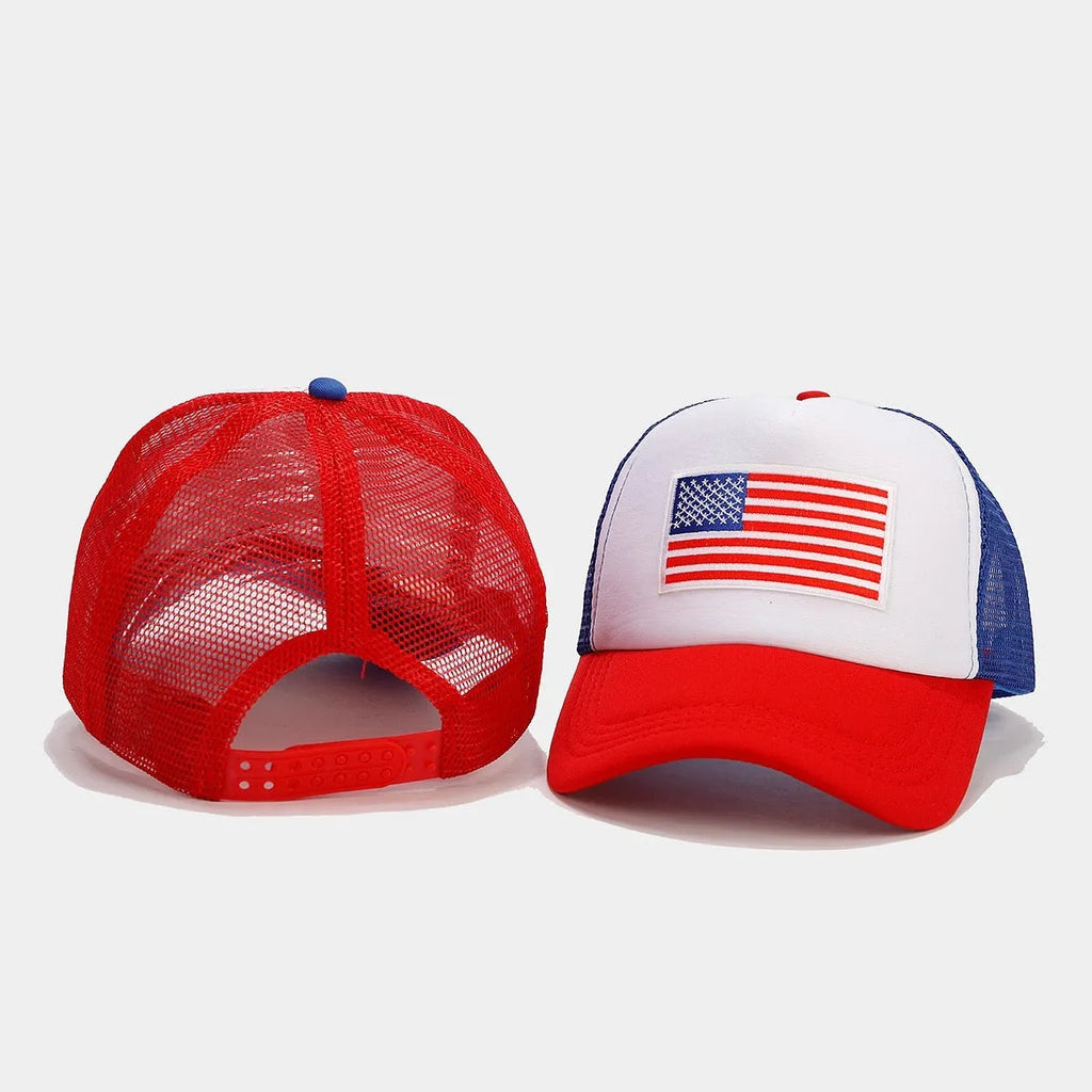 Red and blue contrast mesh baseball cap with adjustable strap and dome crown.