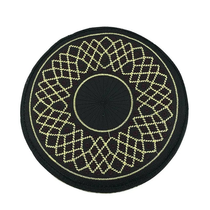 Polyester flat top hat in Red hole yellow line colour, 8 cm height, for Muslim men