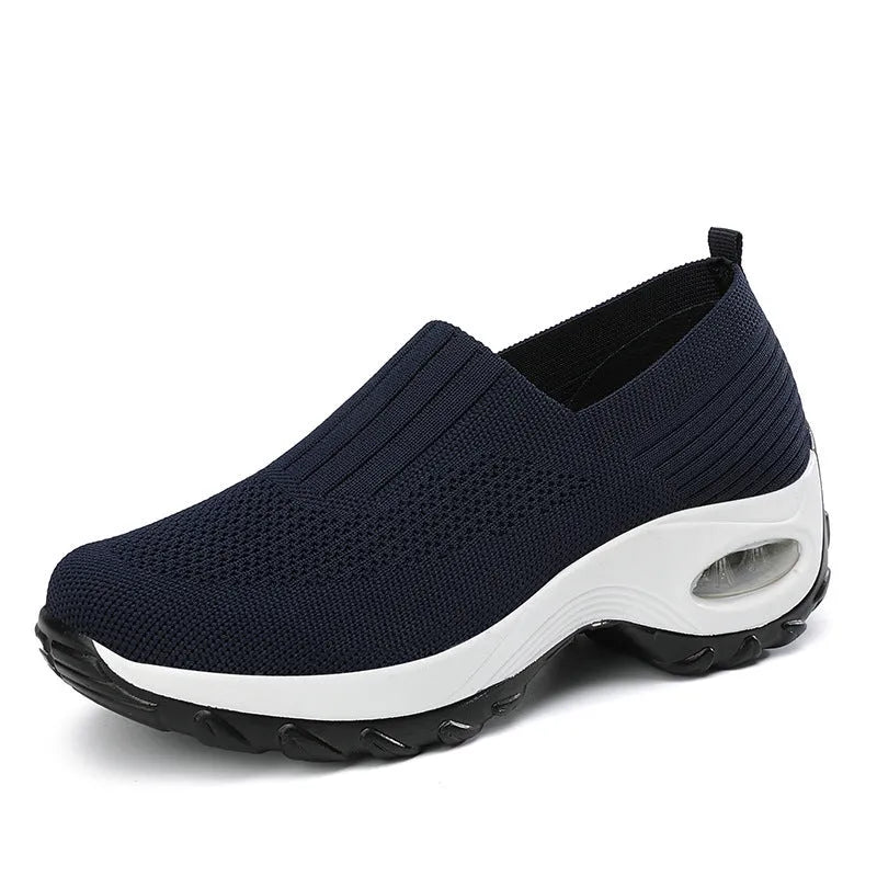 Breathable mesh slip-on sports shoes for women with air cushion sole, round toe, thick bottom, available in light gray