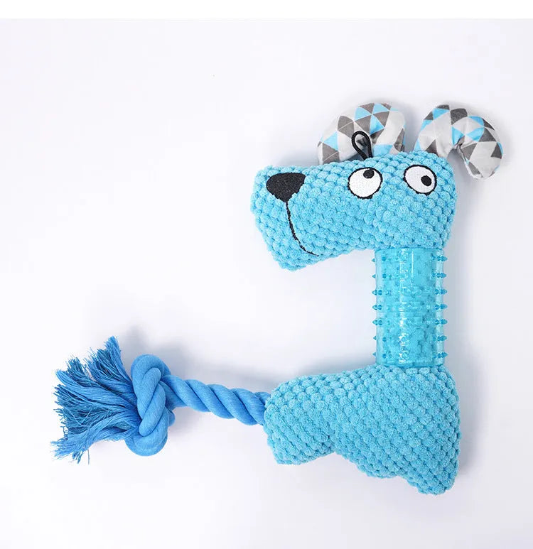 Blue corn kernel TPR dog squeaky toy with cotton rope tail on white background
