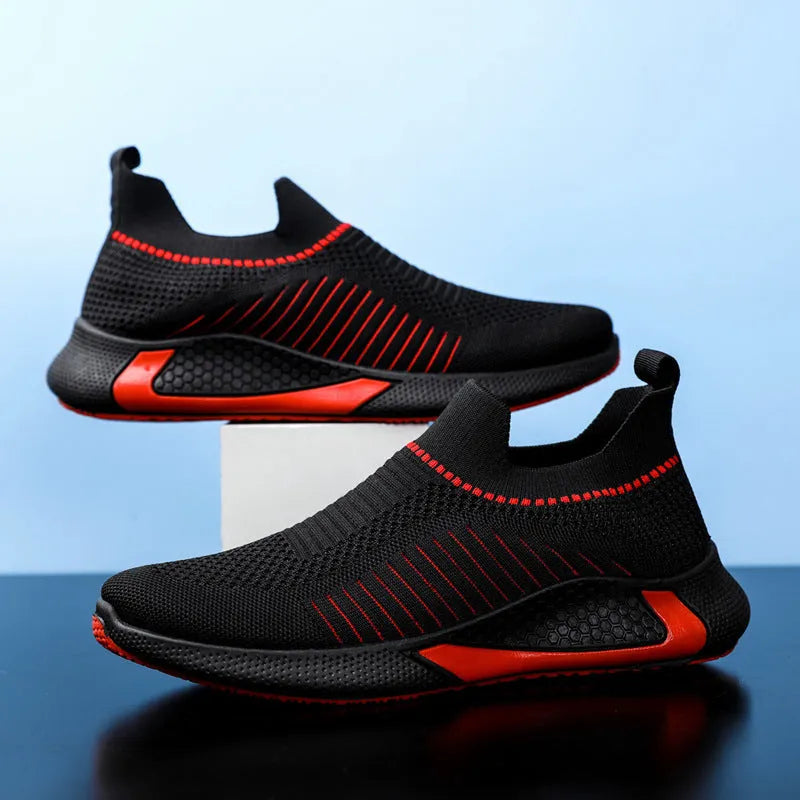 Men's mesh sock shoes with striped design and flyknit upper in black, white colour options
