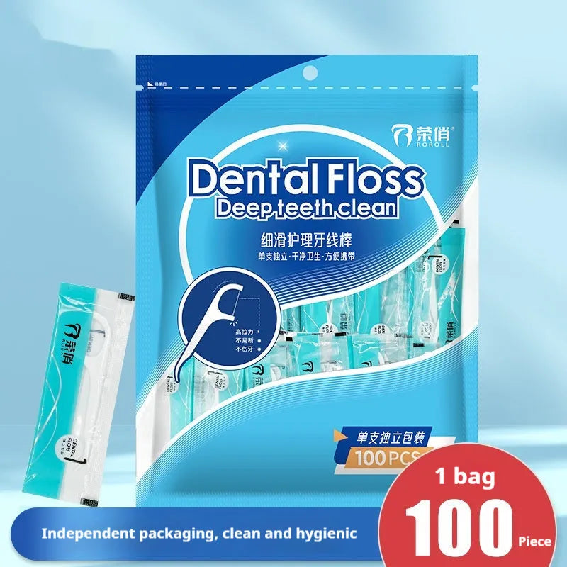 Plastic packaged dental floss showing 100 or 108 count options with portable bag format