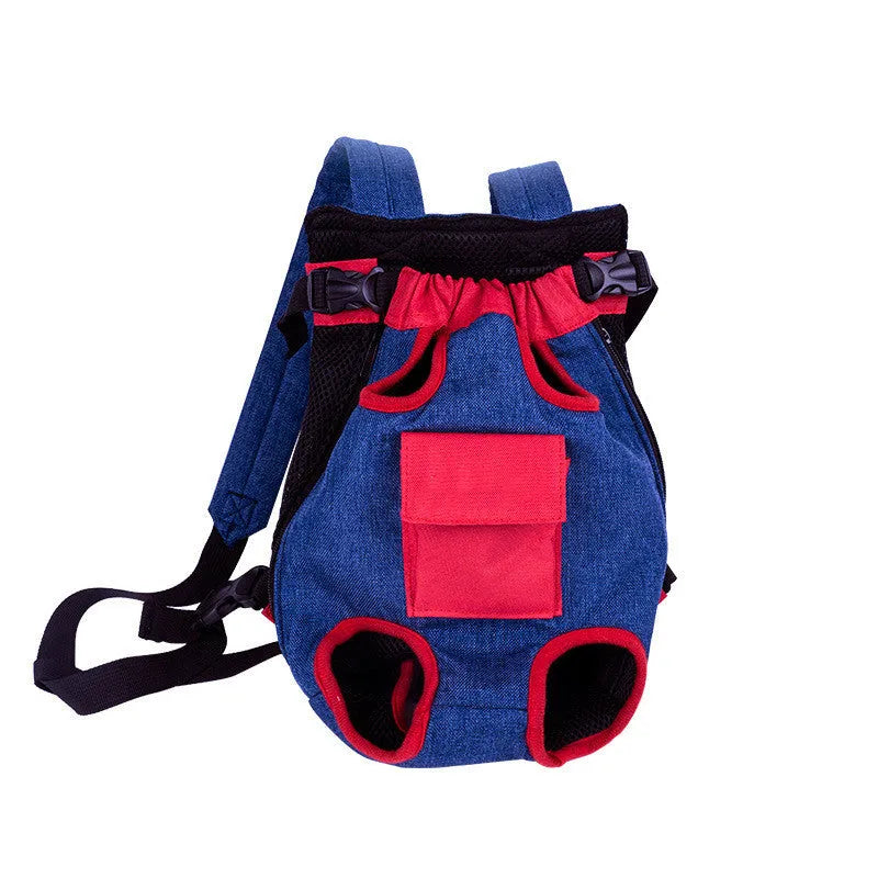 Canvas dog outing shoulder portable pet backpack in red and white with colour-matching trim, for small to medium dogs
