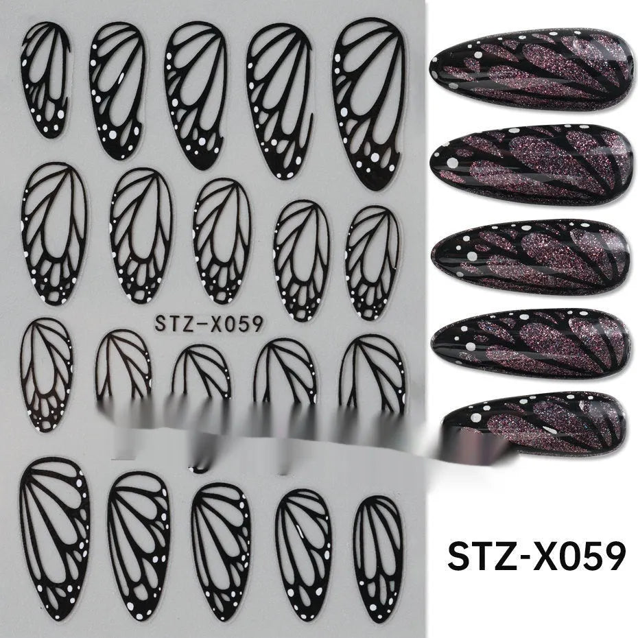 Pack of black and silver striped nail art stickers with cartoon and love pattern designs.