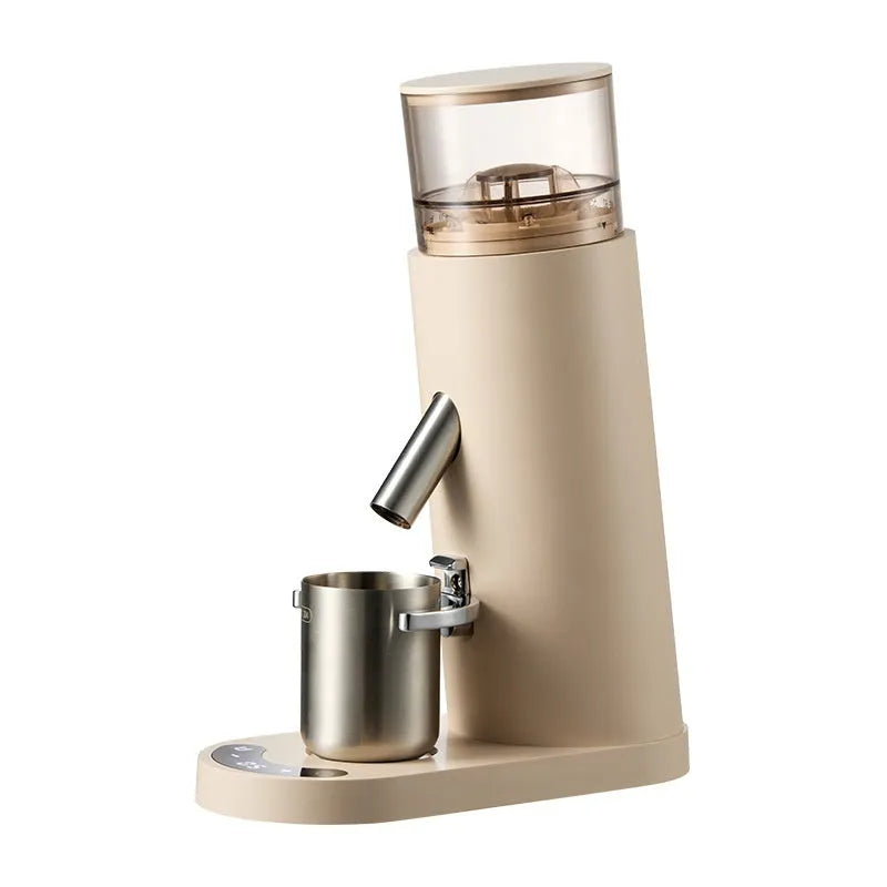 Portable electric coffee grinder machine with stainless steel reservoir in retro style beige colour