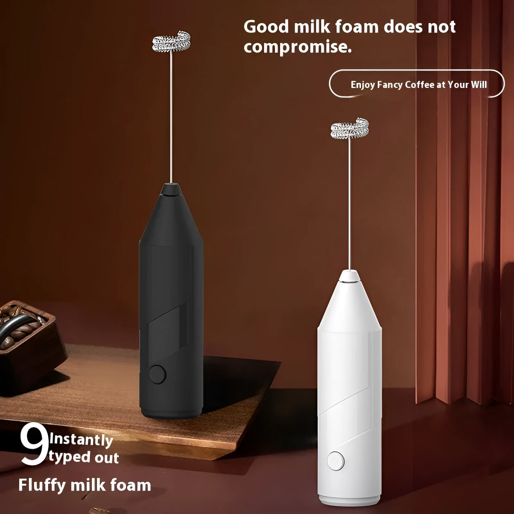 Mini handheld electric milk frother in black, white, or khaki colours with USB charging port