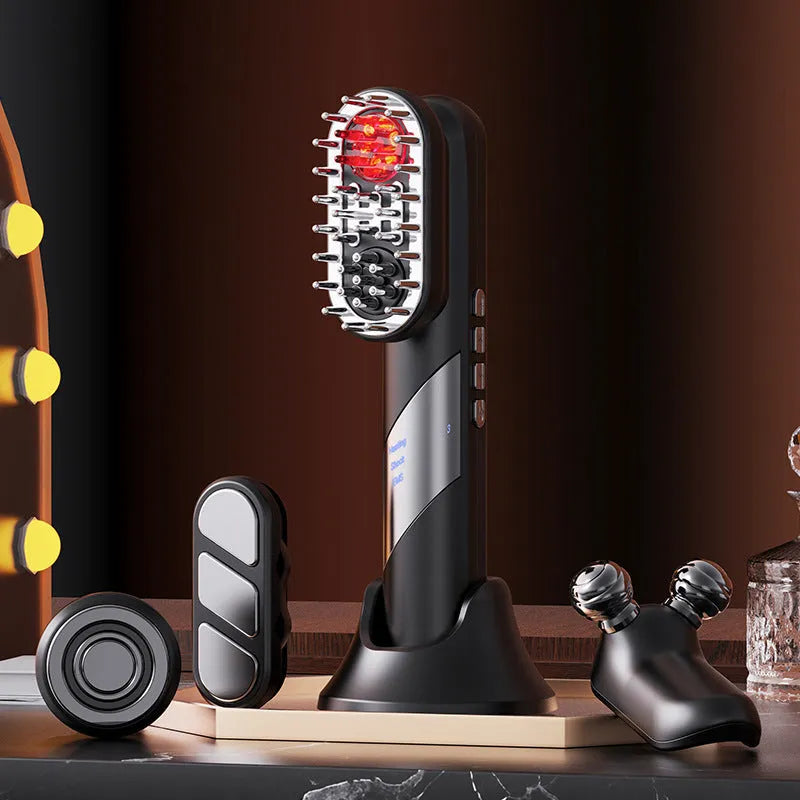 Four-in-one red light EMS massage comb for scalp soothing in black and pink, 7.5cm x 7cm x 21.5cm