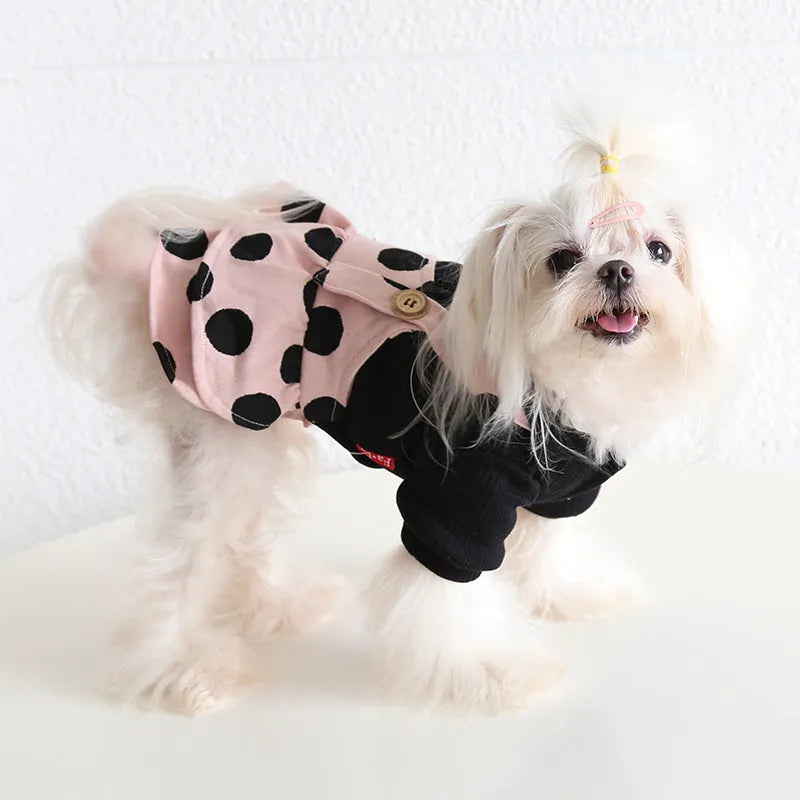Pet clothing with lapel collar and shoulder strap fastenings in casual cloth design