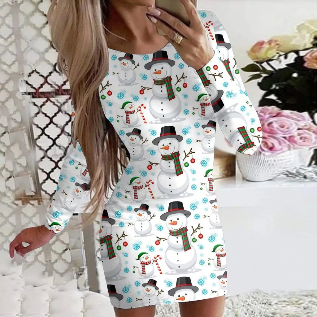 Women's red Christmas print narrow dress with animal pattern, round neck, long sleeves