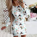 Women's red Christmas print narrow dress with animal pattern, round neck, long sleeves
