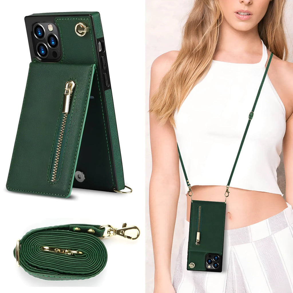 Leather mobile phone case in solid colour options including black, purple, and rose gold.
