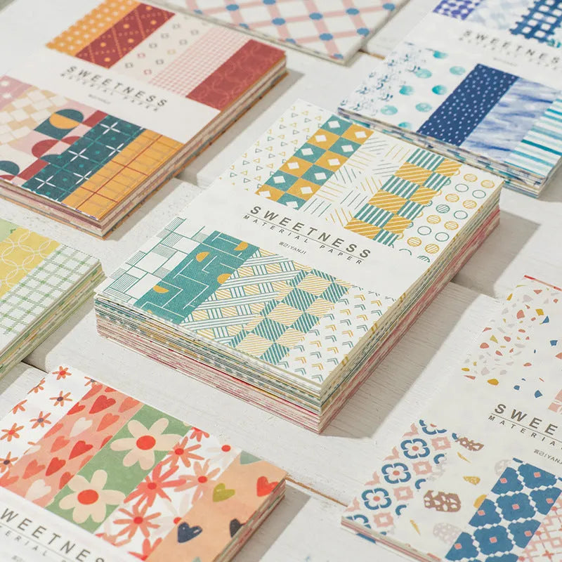 Pack of 50 retro dessert-themed collage note papers in ten colours including caramel puff and blueberry wood sauce.