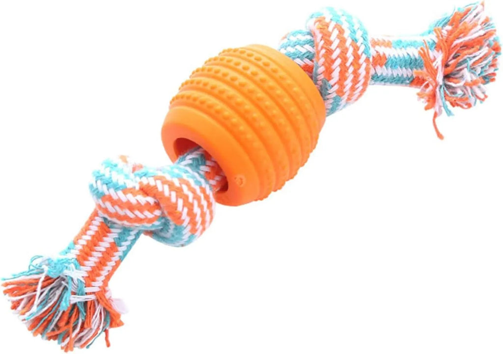 Blue soft dog chew toy in molar shape with integrated white ropes for dental cleaning.