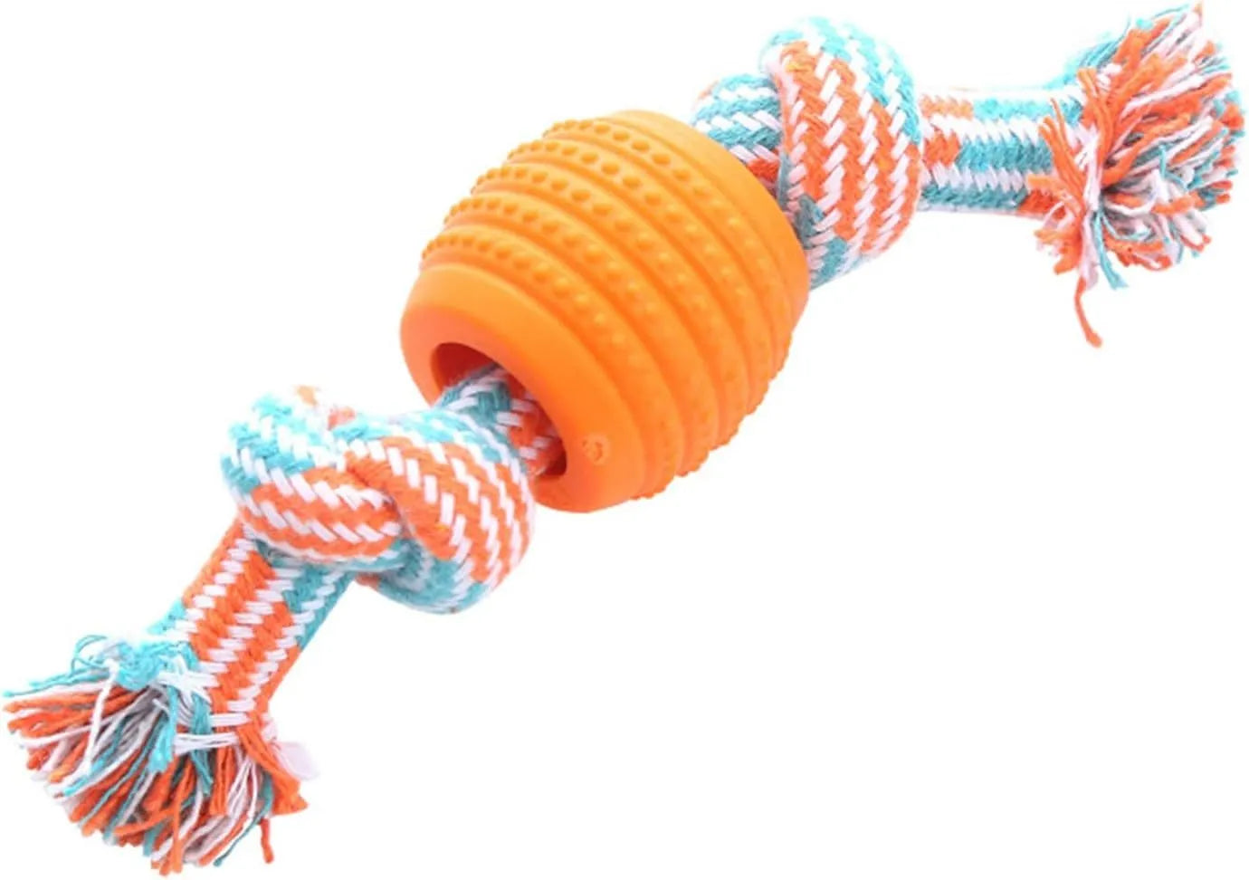 Blue soft dog chew toy in molar shape with integrated white ropes for dental cleaning.