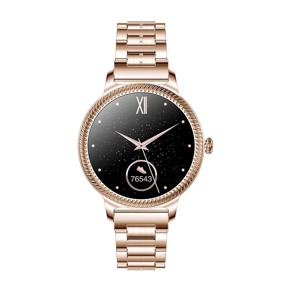 AK38 ladies smart watch with stainless steel wristband and 1.09-inch display