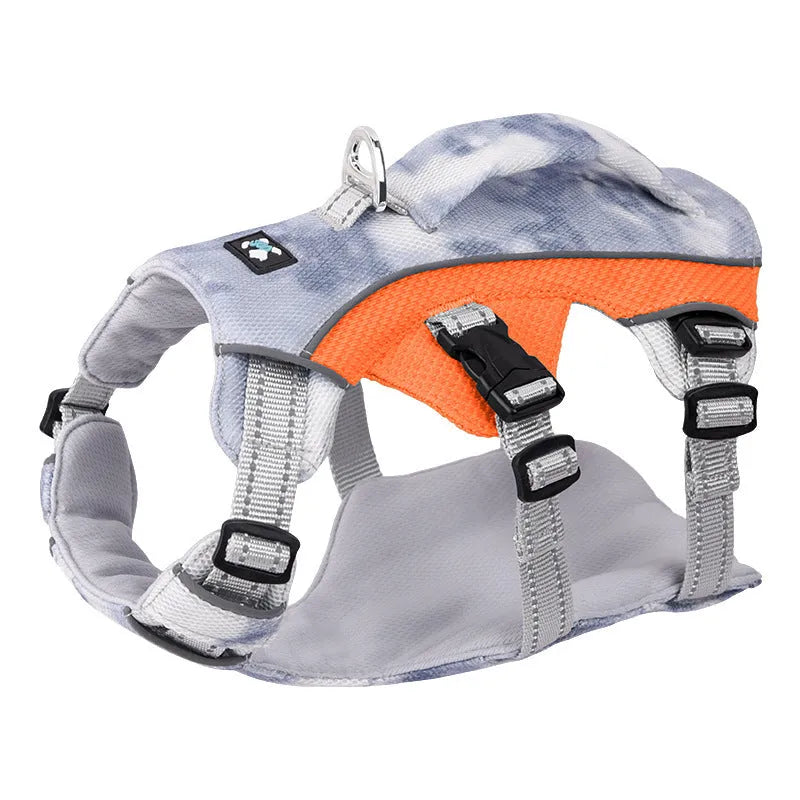 Reflective dog chest strap with LED strips in light blue, shown with adjustable fastenings.