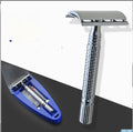 Double edged safety razor with chrome-plated brass handle and stainless steel head in storage box