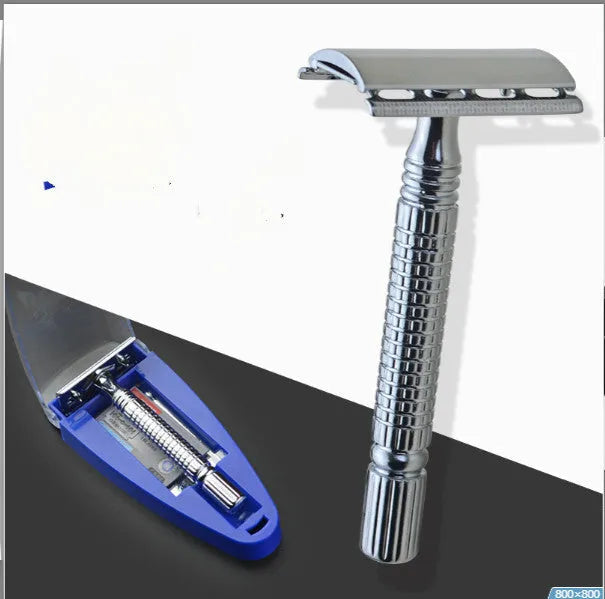 Double edged safety razor with chrome-plated brass handle and stainless steel head in storage box