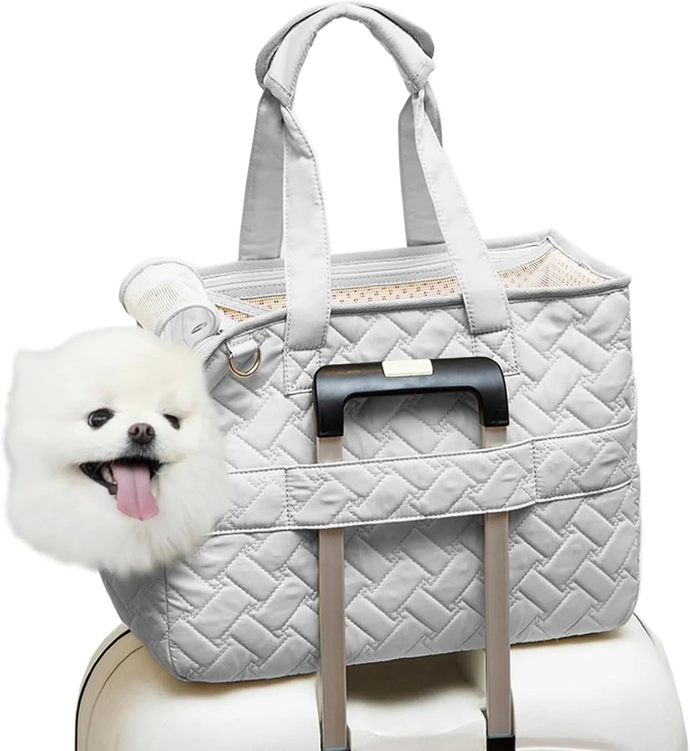 Grey pet carrier handbag with mesh side panels and multiple pockets for a small dog