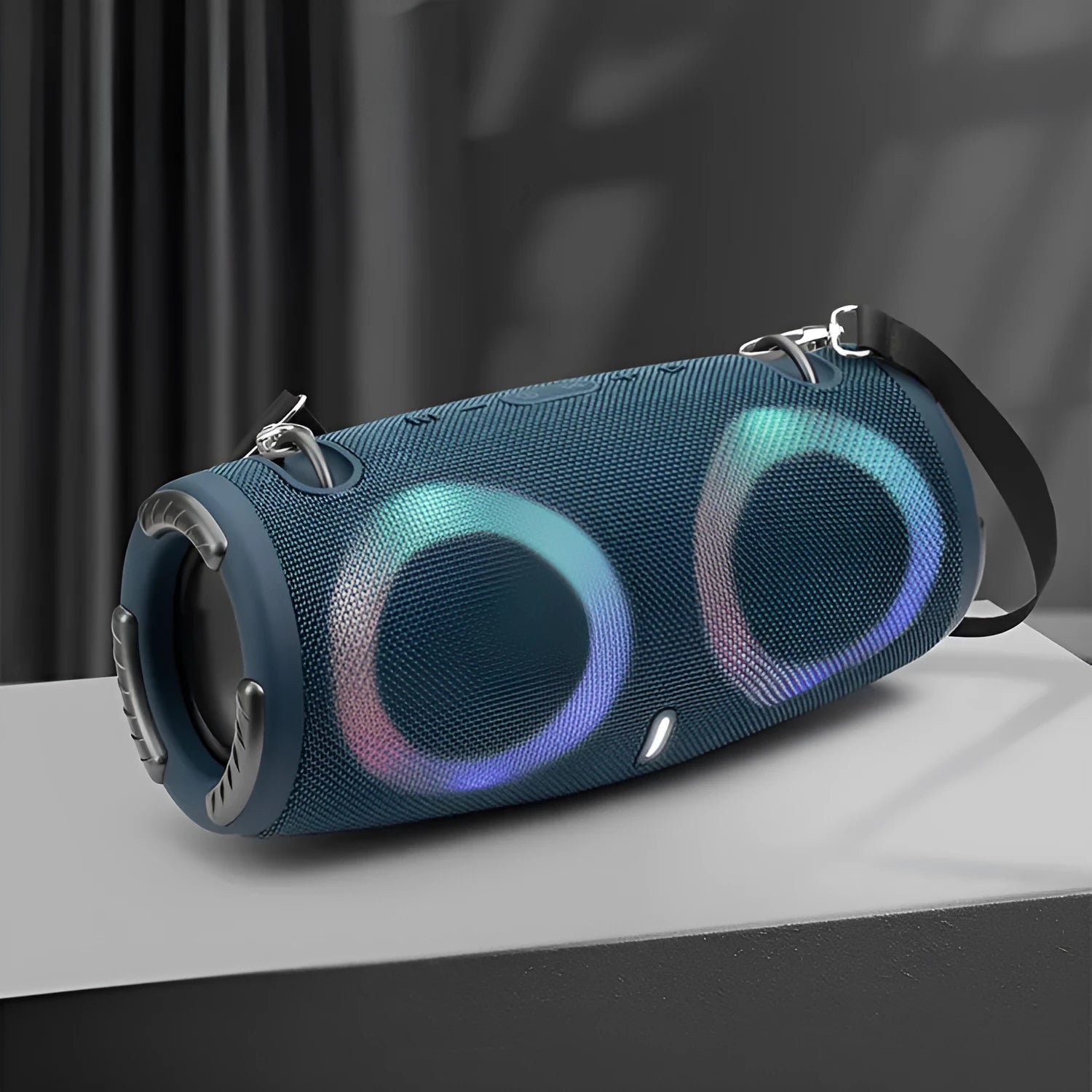 Portable Bluetooth speaker with colourful RGB lights in a choice of five colours including camouflage.